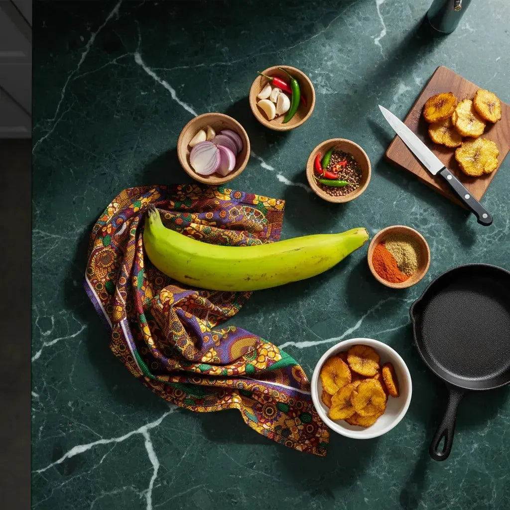 Banane plantain verte sur plan de travail avec épices et frites, idéale pour cuisine créative et savoureuse.